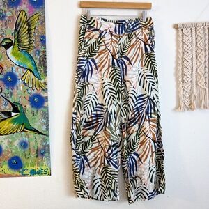 Tahari Womens Large 100% Linen Tropical Leaves Wide Leg Cropped Ankle Pants Sz M